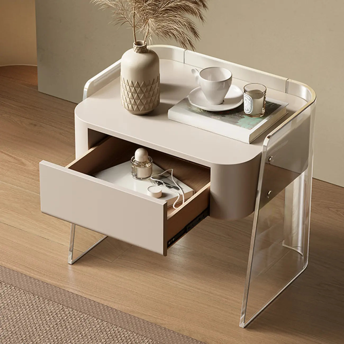 Table de chevet moderne en plastique blanc avec tiroir de rangement