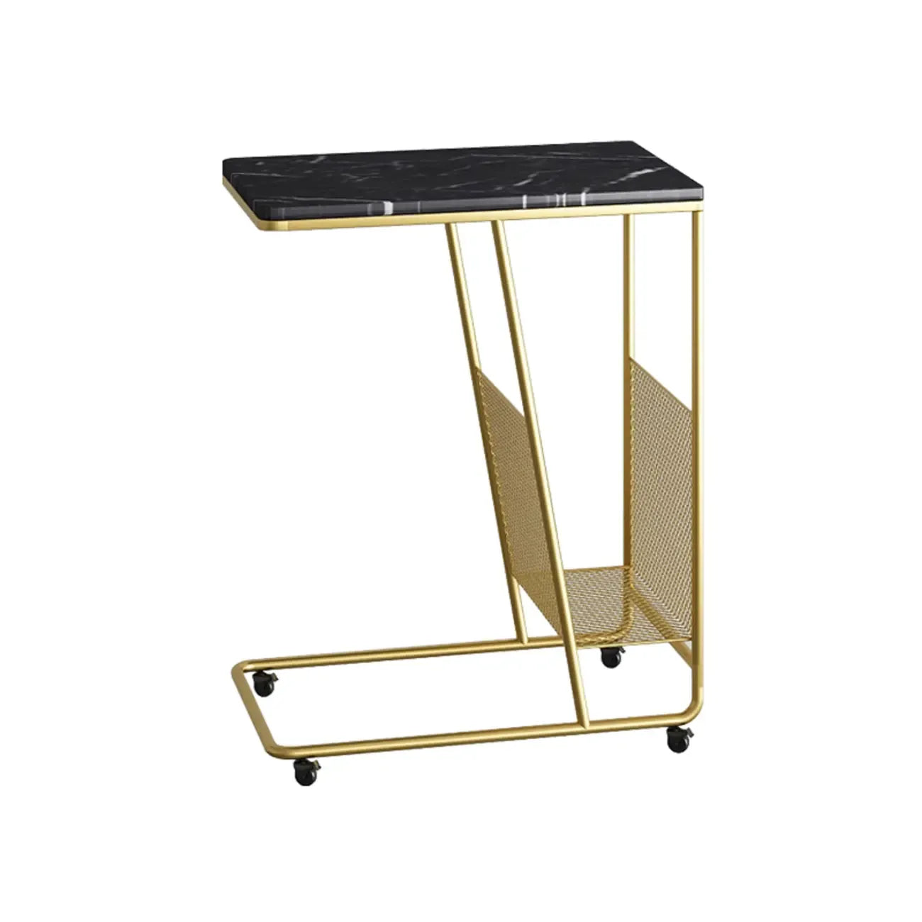 Table d'appoint en métal en forme de C avec plateau en marbre et porte-revues intégré