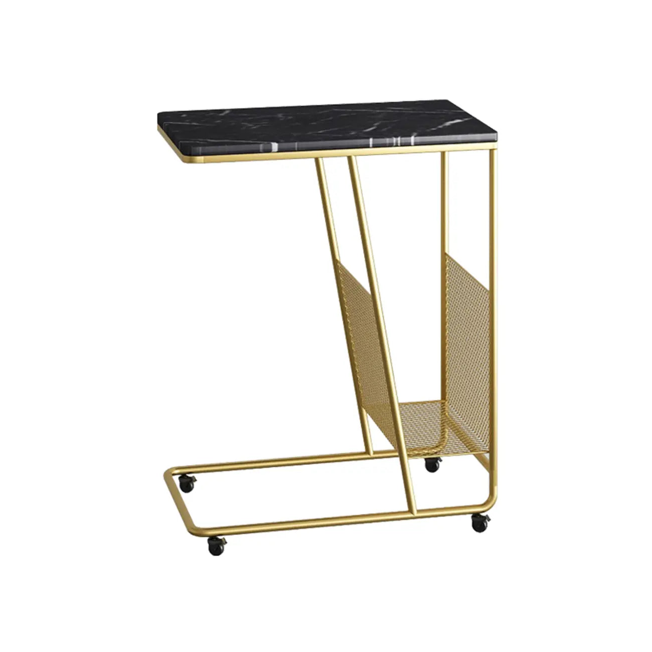 Table d'appoint en métal en forme de C avec plateau en marbre et porte-revues intégré