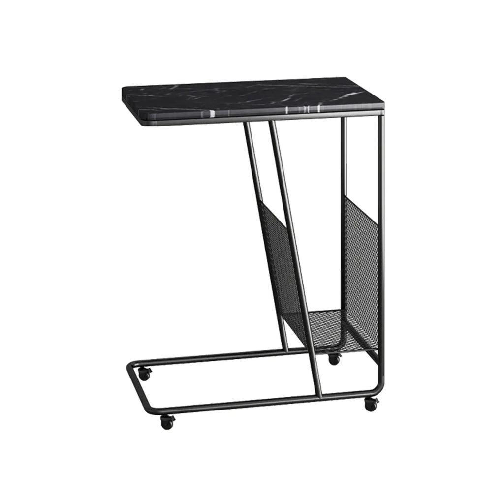 Table d'appoint en métal en forme de C avec plateau en marbre et porte-revues intégré