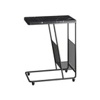 Table d'appoint en métal en forme de C avec plateau en marbre et porte-revues intégré