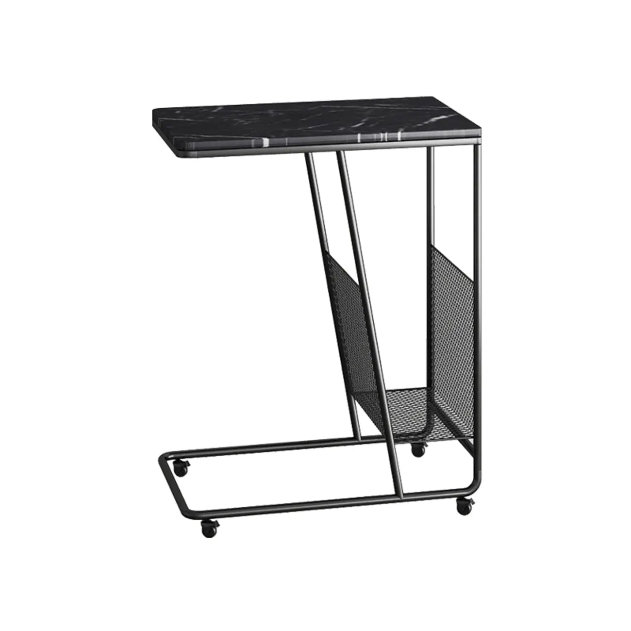 Table d'appoint en métal en forme de C avec plateau en marbre et porte-revues intégré