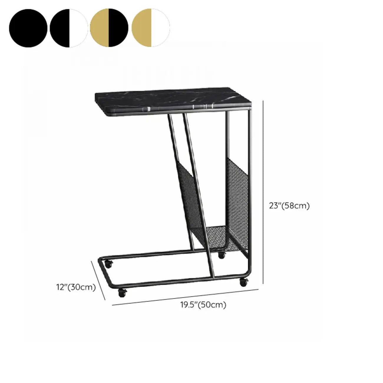 Table d'appoint en métal en forme de C avec plateau en marbre et porte-revues intégré