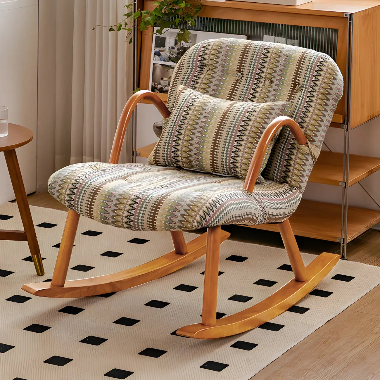 Fauteuil à bascule rustique en bois rembourré avec coussin