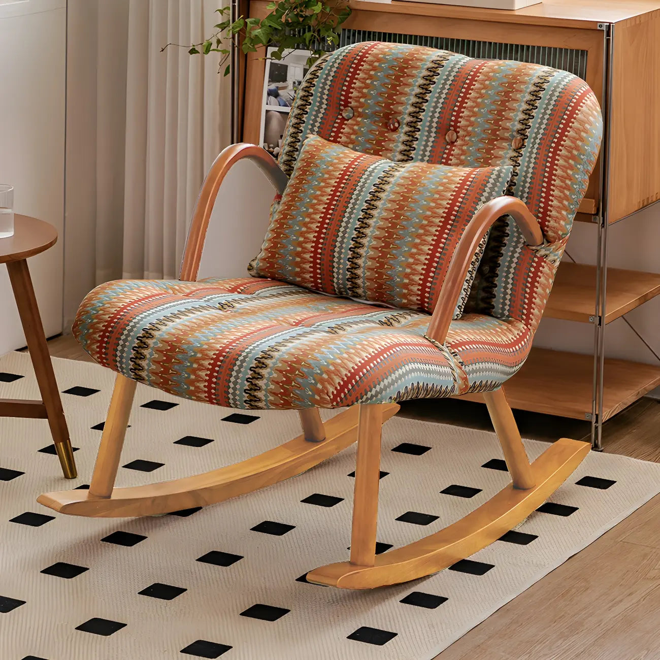 Fauteuil à bascule rustique en bois rembourré avec coussin