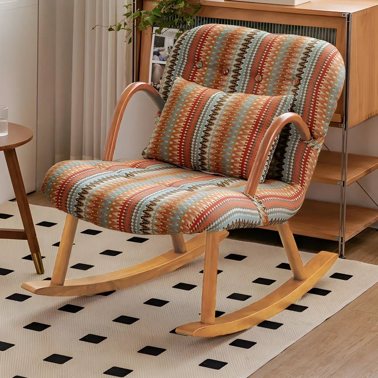 Fauteuil à bascule rustique en bois rembourré avec coussin