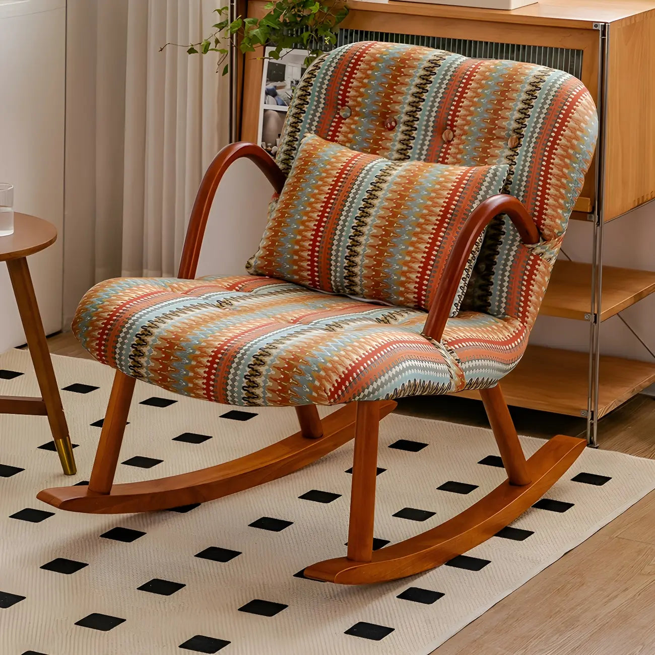 Fauteuil à bascule rustique en bois rembourré avec coussin