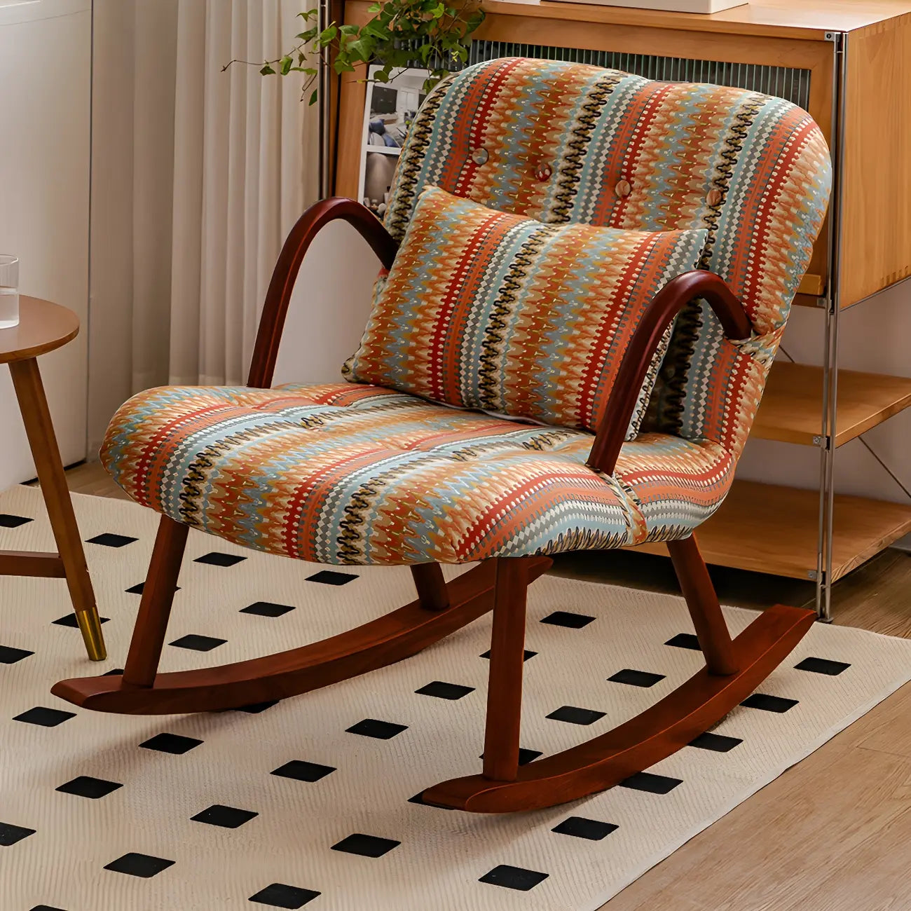 Fauteuil à bascule rustique en bois rembourré avec coussin