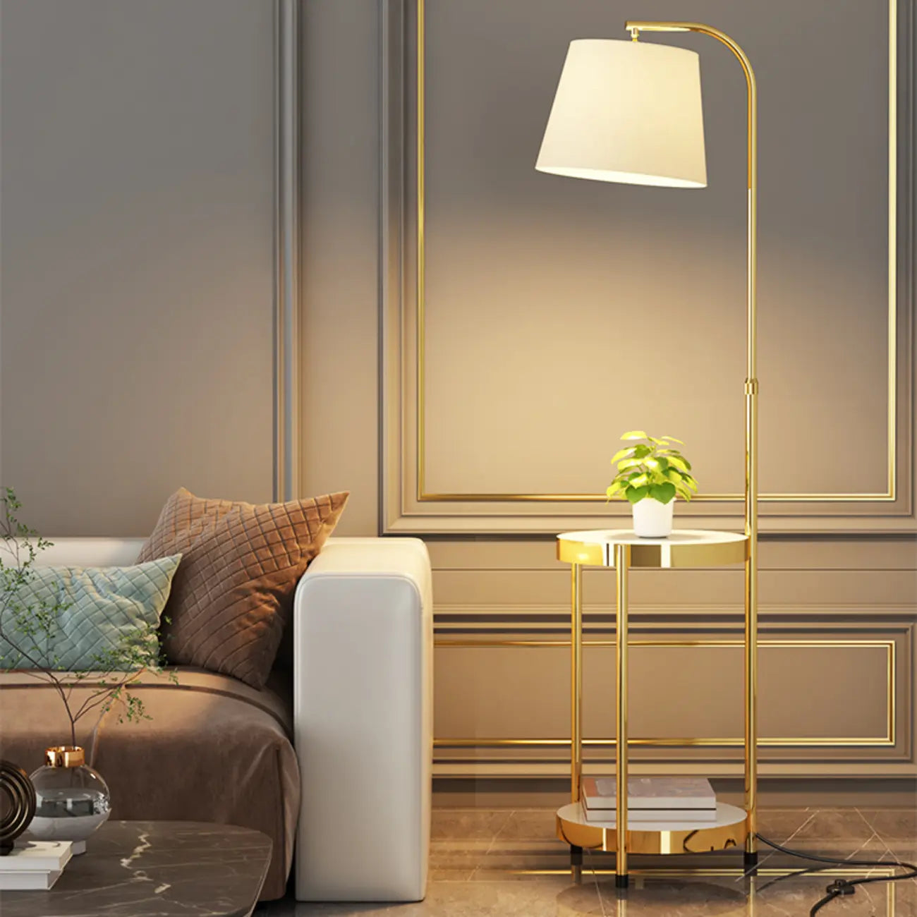 Lampadaire arqué avec étagères et abat-jour en tissu pour salon