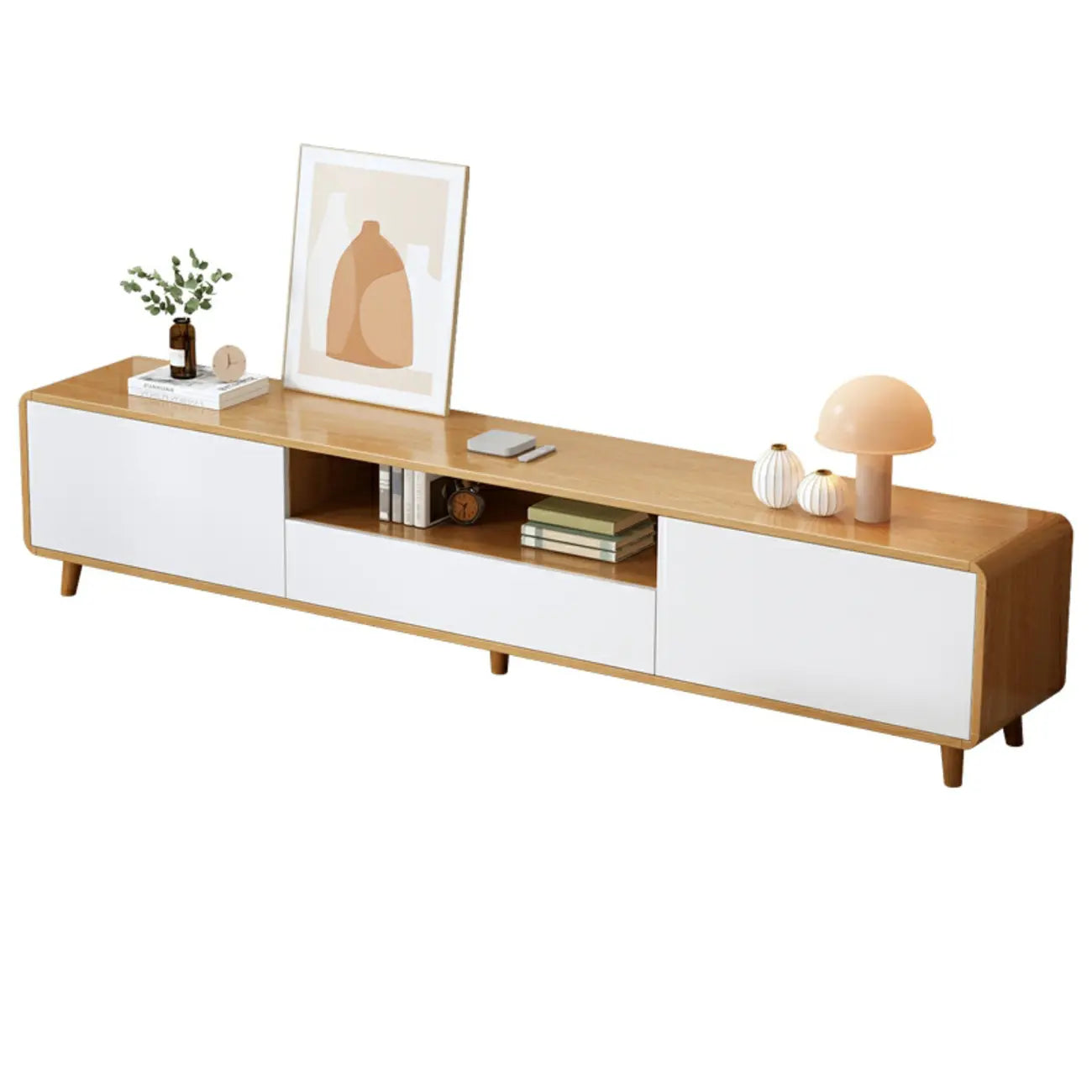 Meuble TV ouvert en bois blanc naturel avec tiroirs (87 pouces)