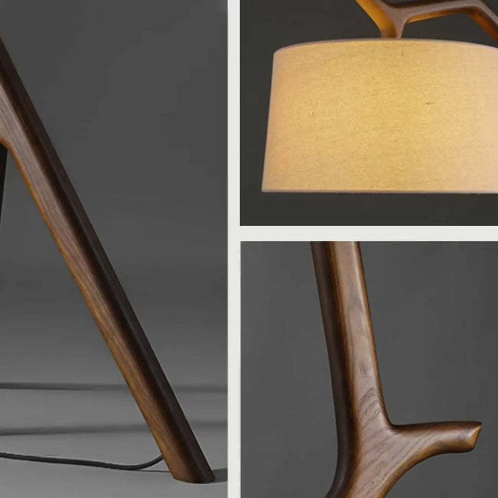 Lampadaire trépied en bois avec abat-jour en tissu pour salon