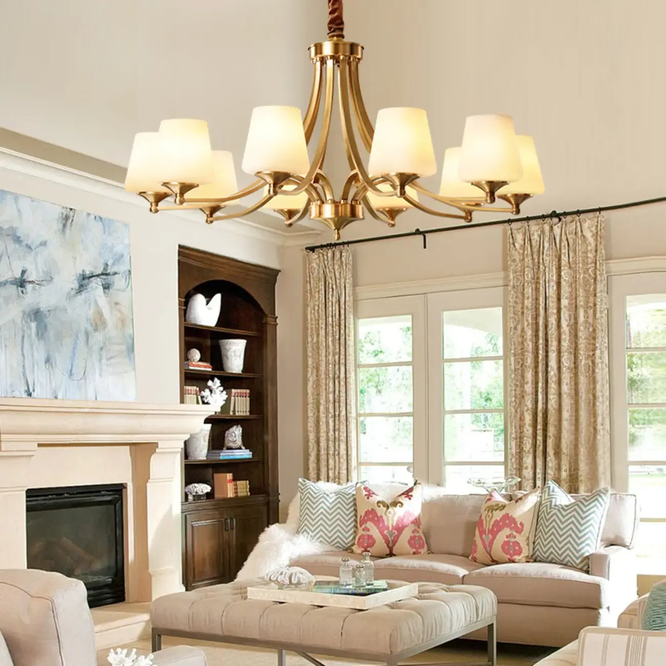 Lustre vintage en laiton avec abat-jour pour salon