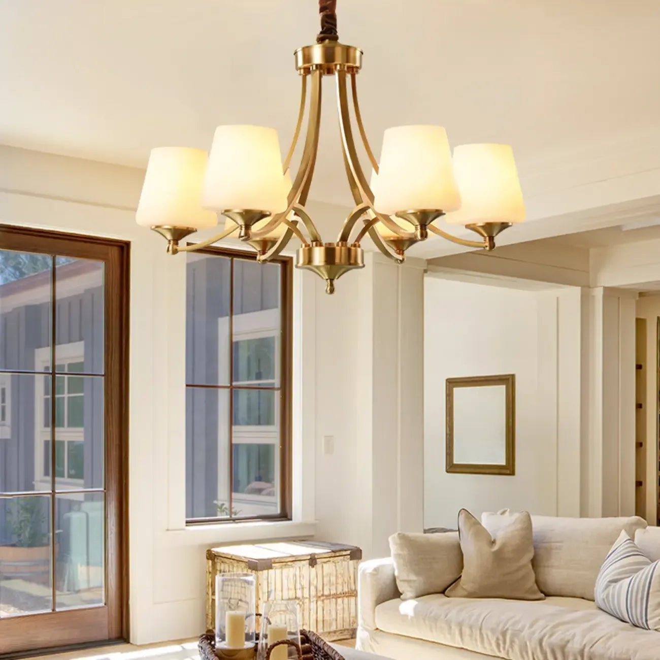 Lustre vintage en laiton avec abat-jour pour salon