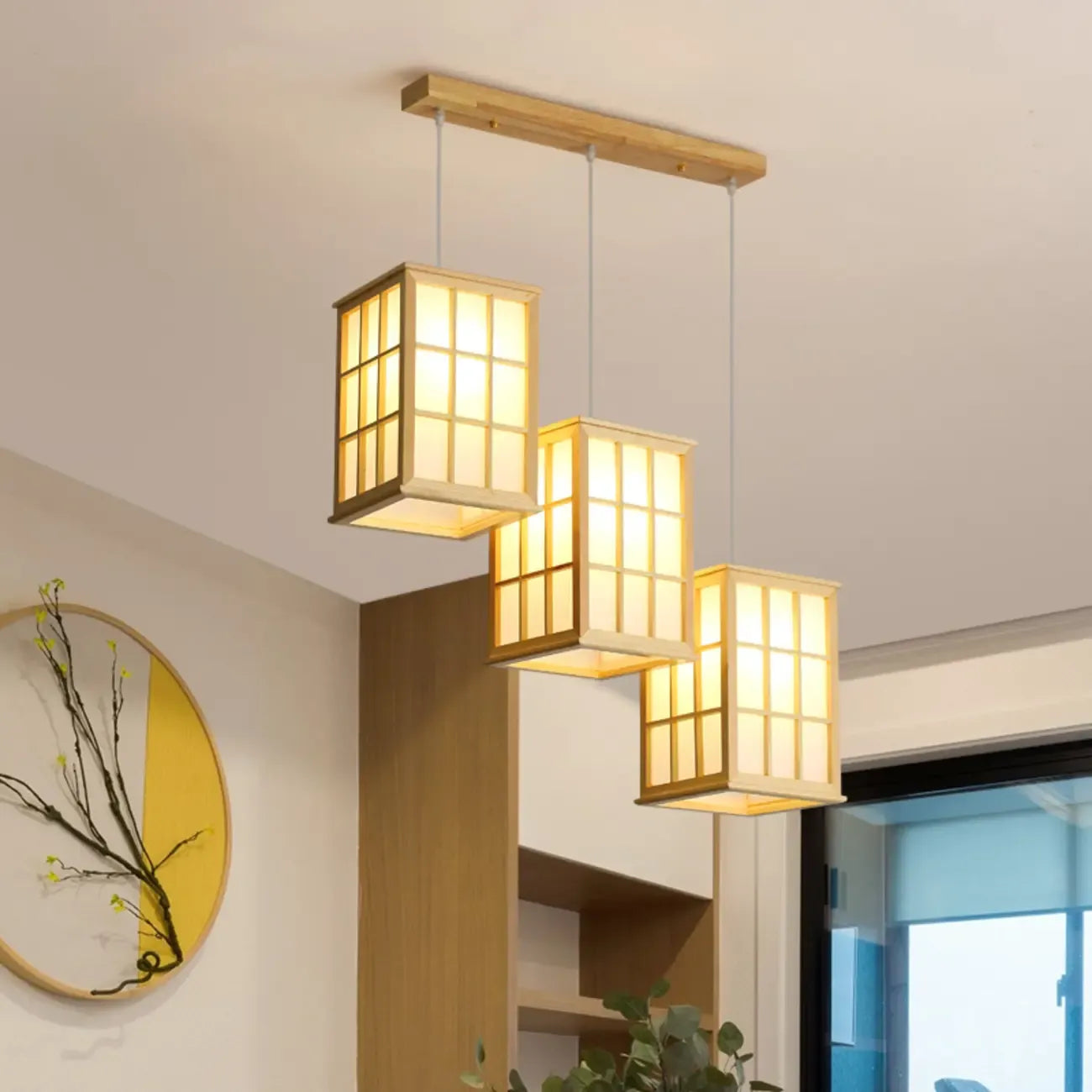 Suspension rectangulaire à 3 lumières en bois naturel