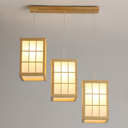 Suspension rectangulaire à 3 lumières en bois naturel