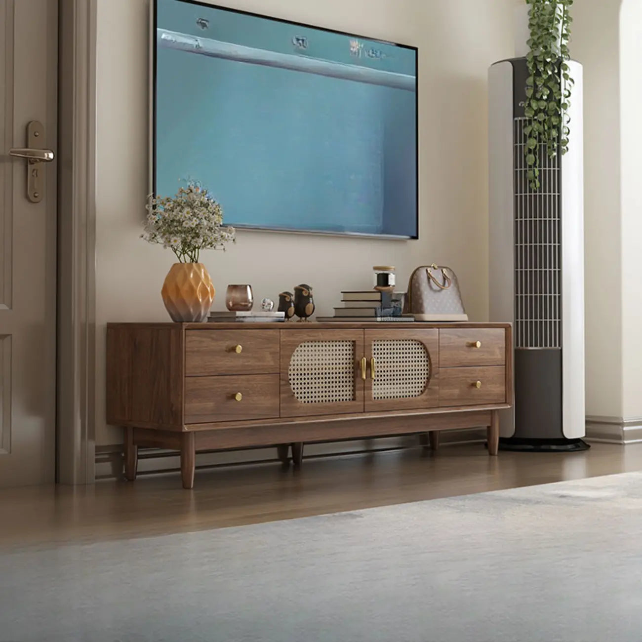 Meuble TV en bois massif marron de 63 pouces avec 4 tiroirs pour salon