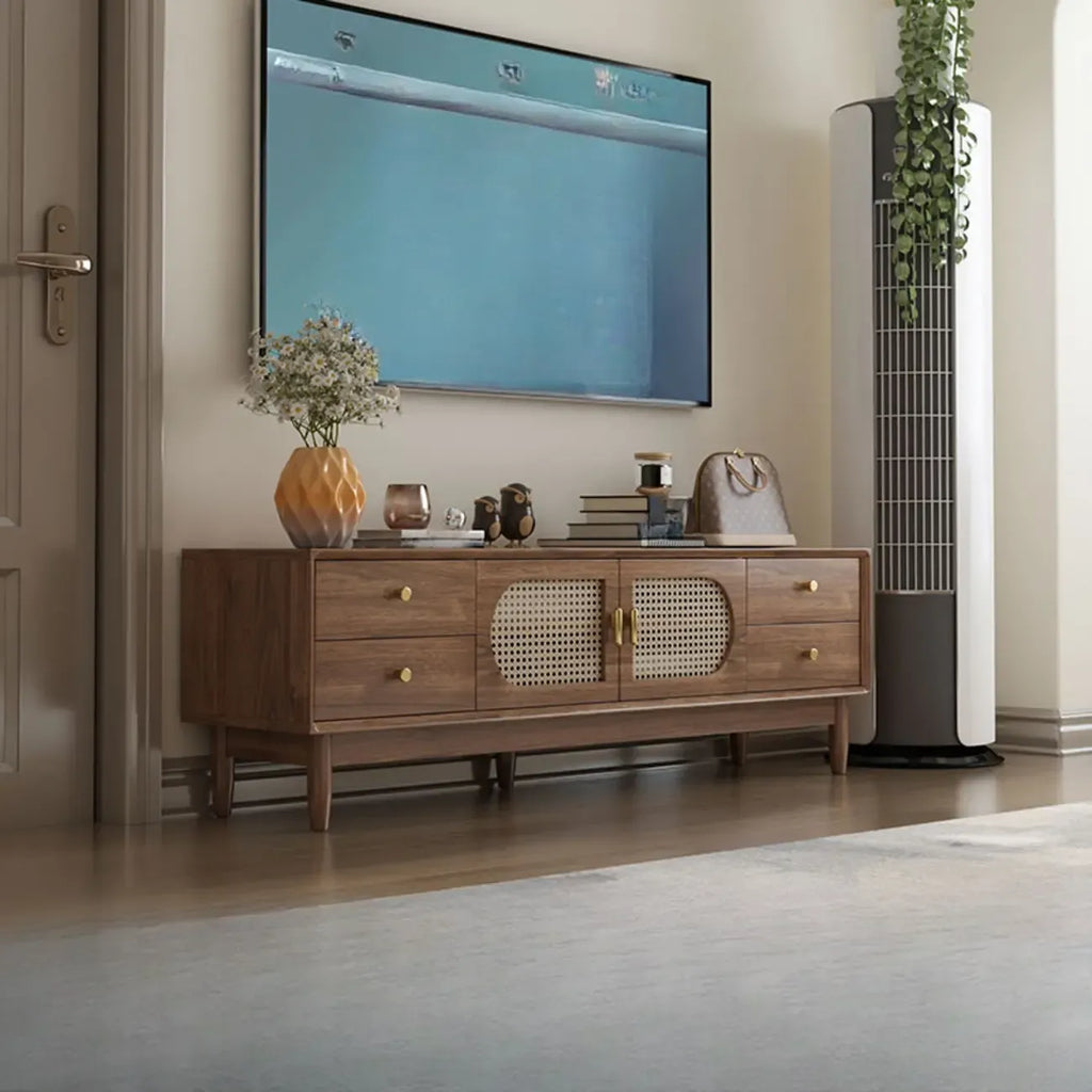 Meuble TV en bois massif marron de 63 pouces avec 4 tiroirs pour salon