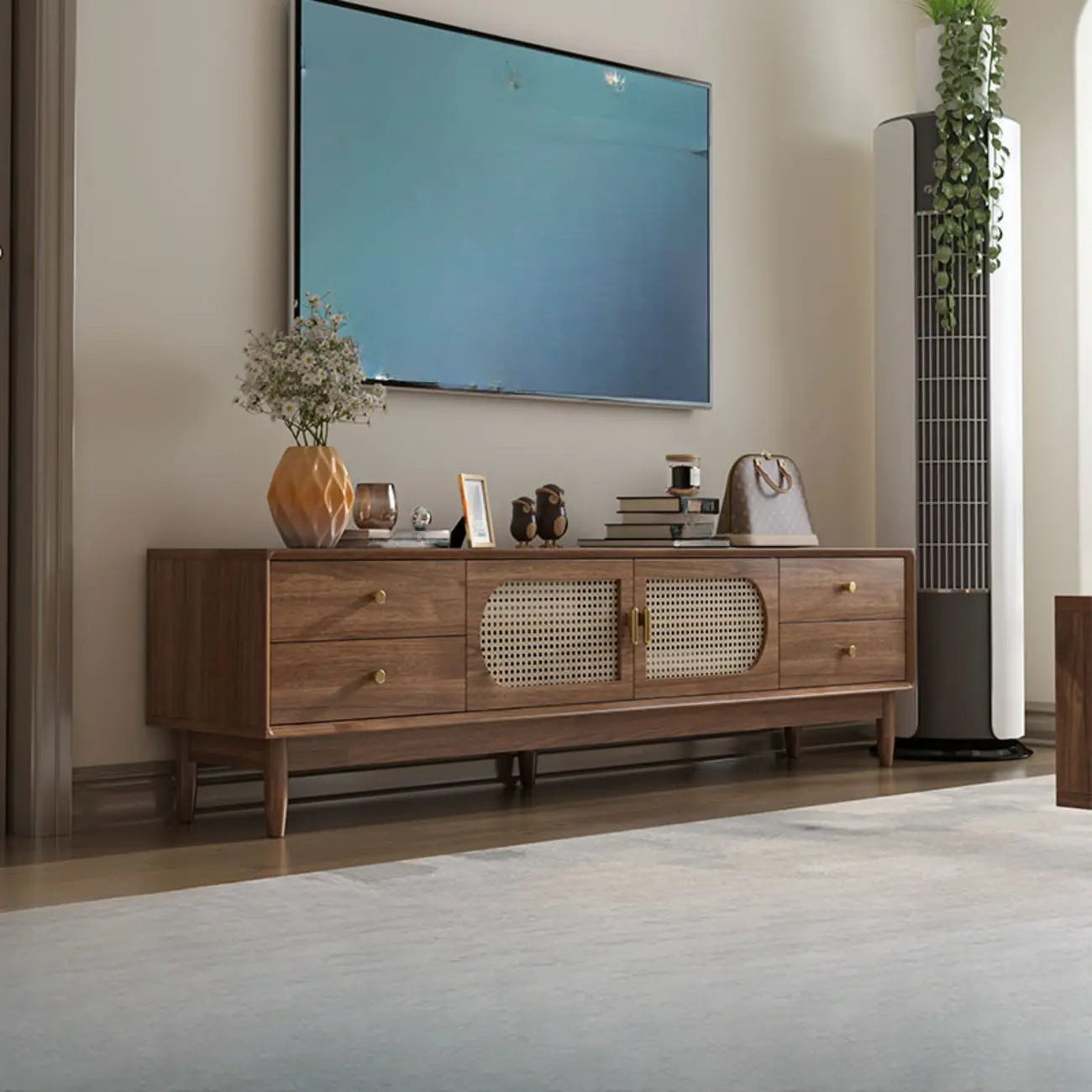 Meuble TV en bois massif marron de 63 pouces avec 4 tiroirs pour salon