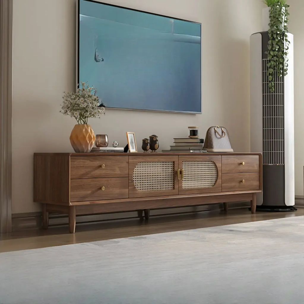 Meuble TV en bois massif marron de 63 pouces avec 4 tiroirs pour salon