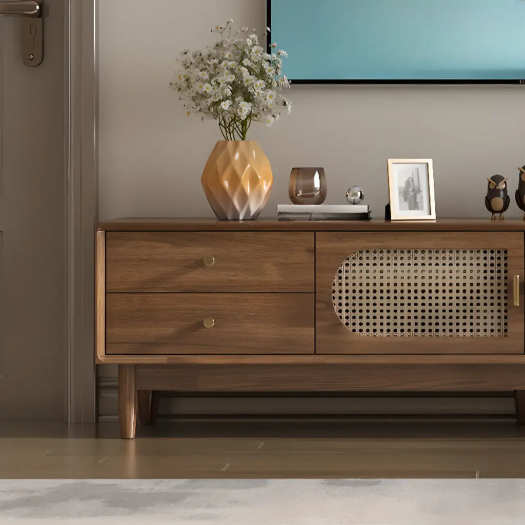 Meuble TV en bois massif marron de 63 pouces avec 4 tiroirs pour salon