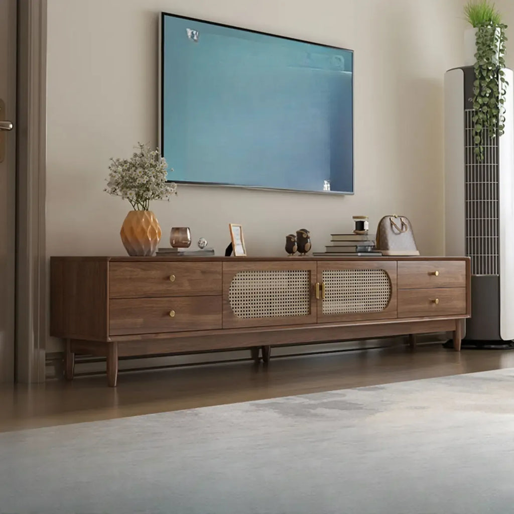 Meuble TV en bois massif marron de 63 pouces avec 4 tiroirs pour salon