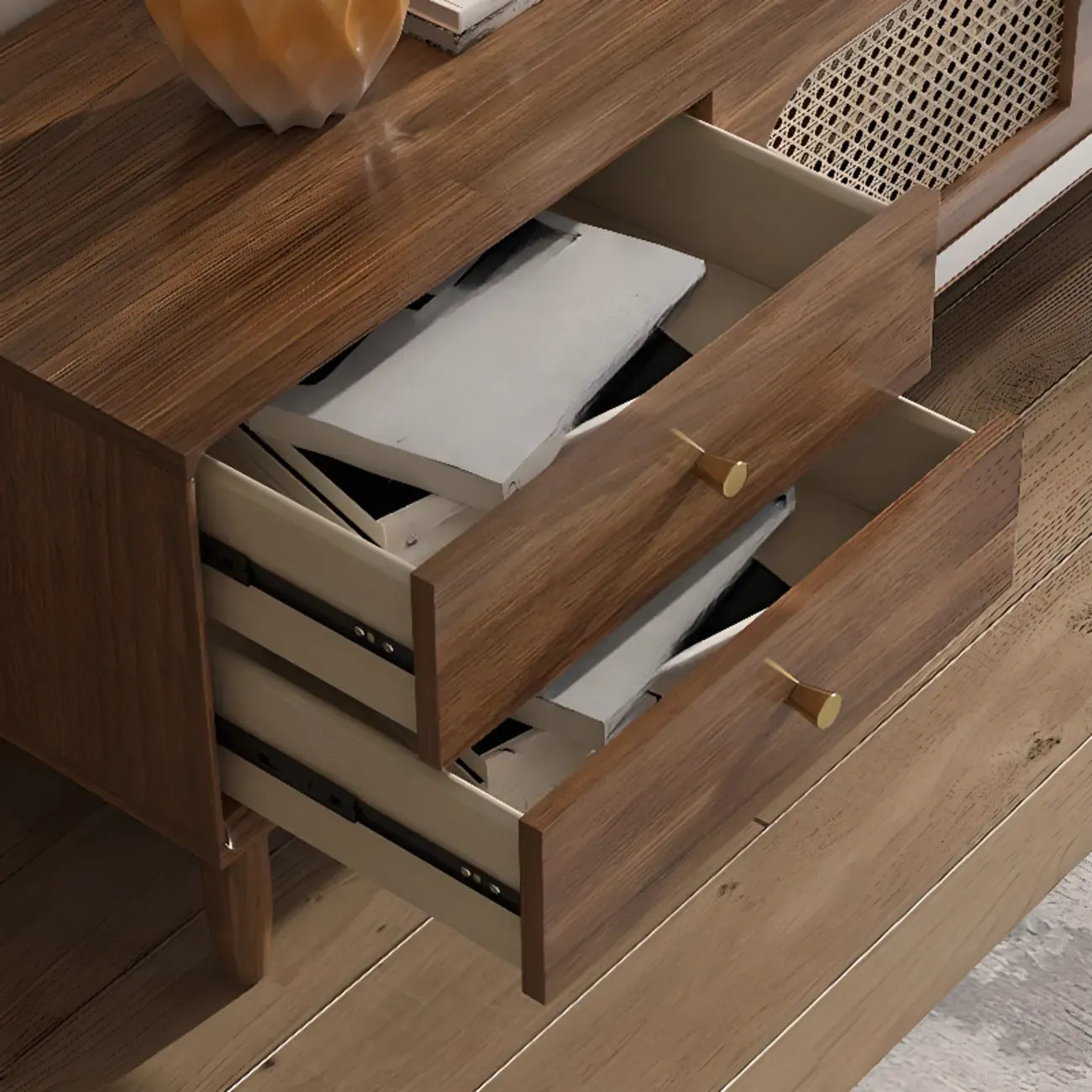 Meuble TV en bois massif marron de 63 pouces avec 4 tiroirs pour salon