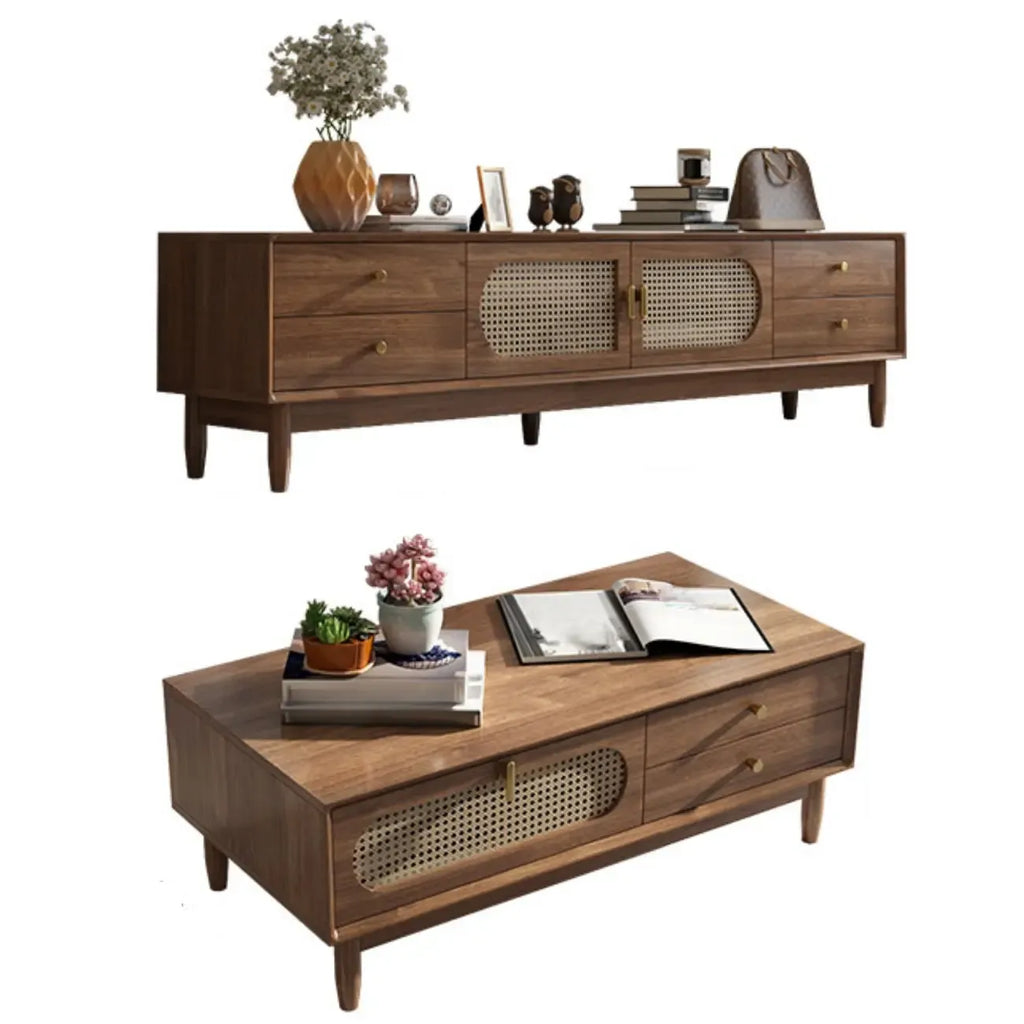 Meuble TV en bois massif marron de 63 pouces avec 4 tiroirs pour salon