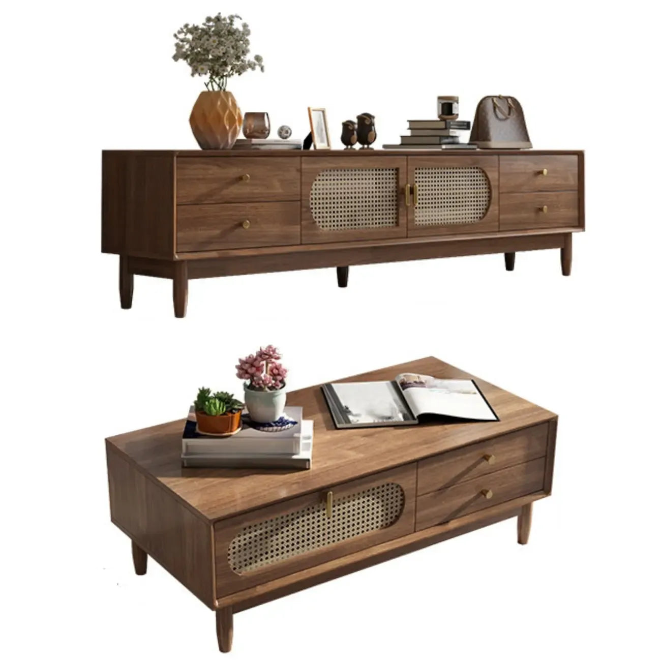 Meuble TV en bois massif marron de 63 pouces avec 4 tiroirs pour salon