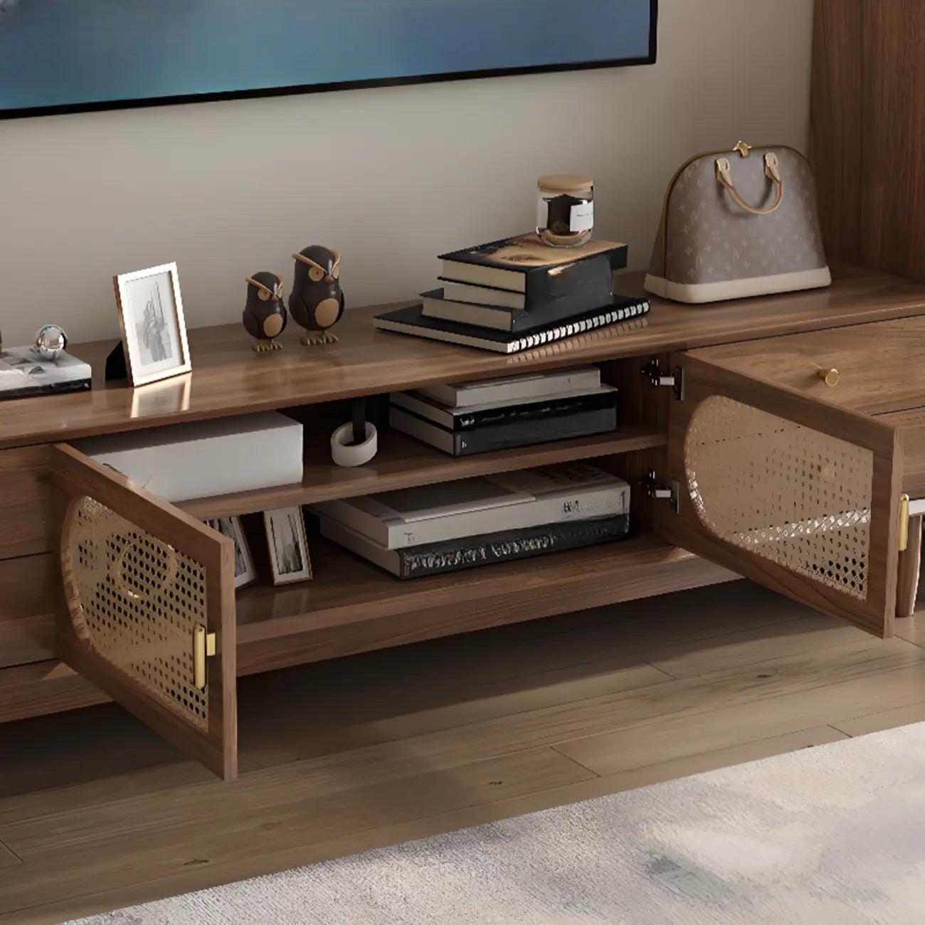 Meuble TV en bois massif marron de 63 pouces avec 4 tiroirs pour salon