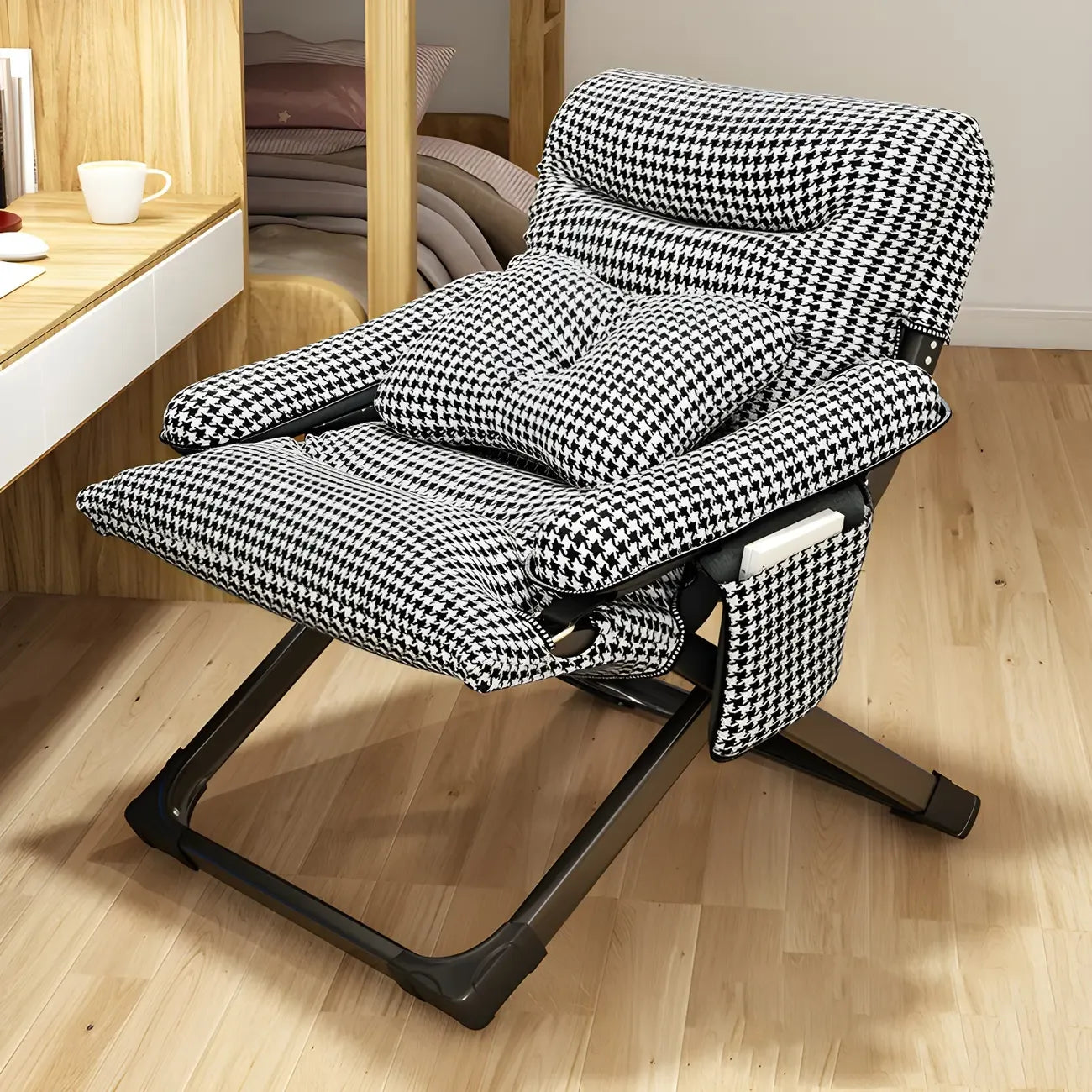Fauteuil inclinable à bascule moderne en tissu pied-de-poule avec rangement