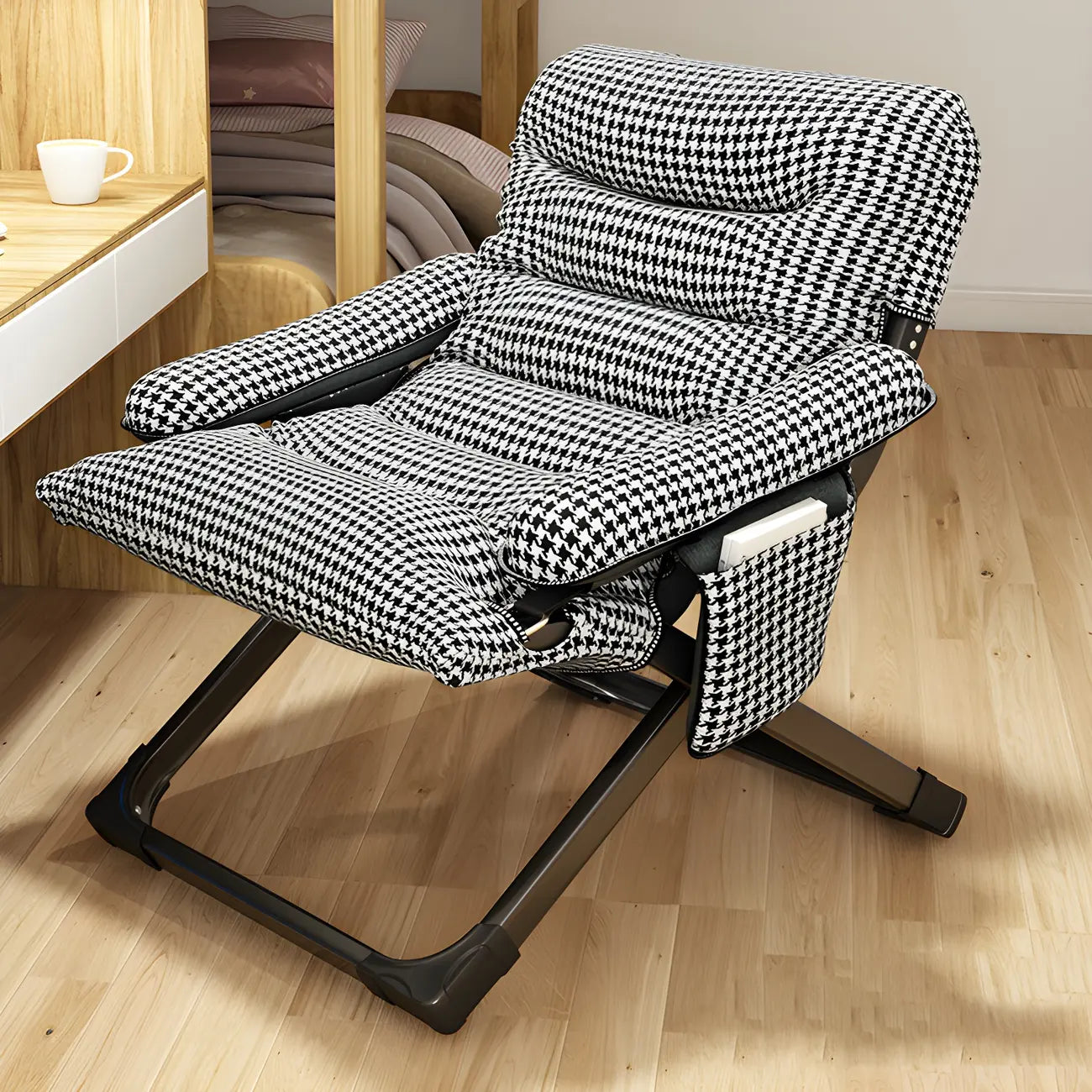 Fauteuil inclinable à bascule moderne en tissu pied-de-poule avec rangement