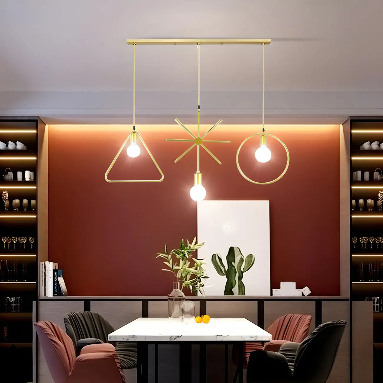 Luminaire îlot en métal géométrique industriel doré à 3 lumières