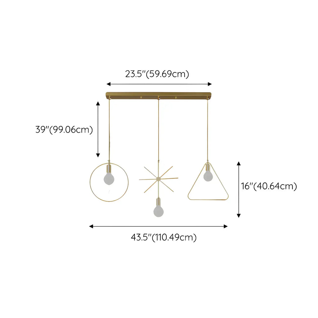 Luminaire îlot en métal géométrique industriel doré à 3 lumières