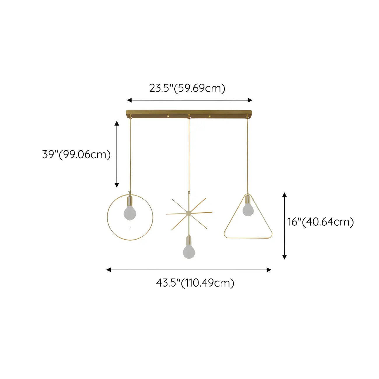 Luminaire îlot en métal géométrique industriel doré à 3 lumières
