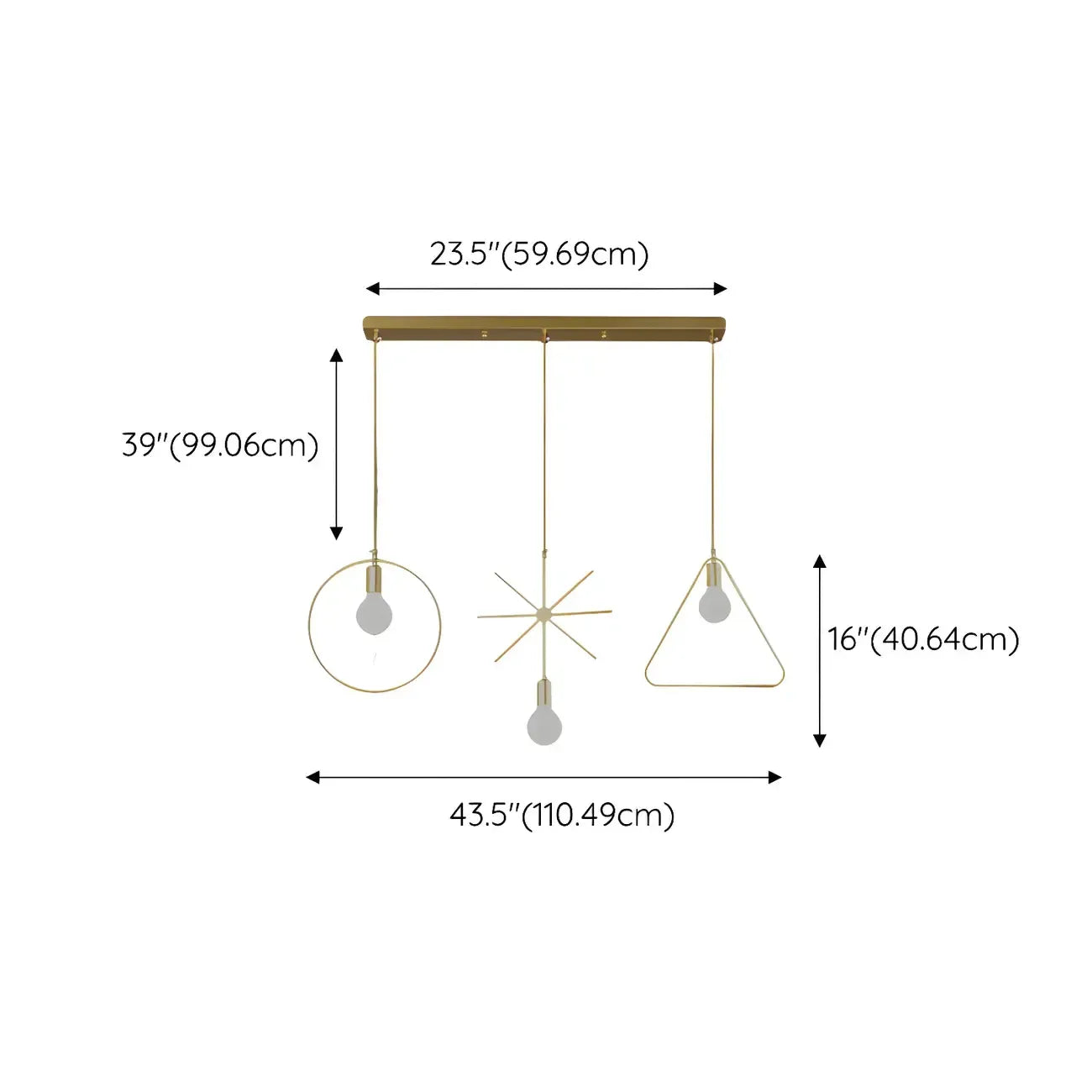Luminaire îlot en métal géométrique industriel doré à 3 lumières