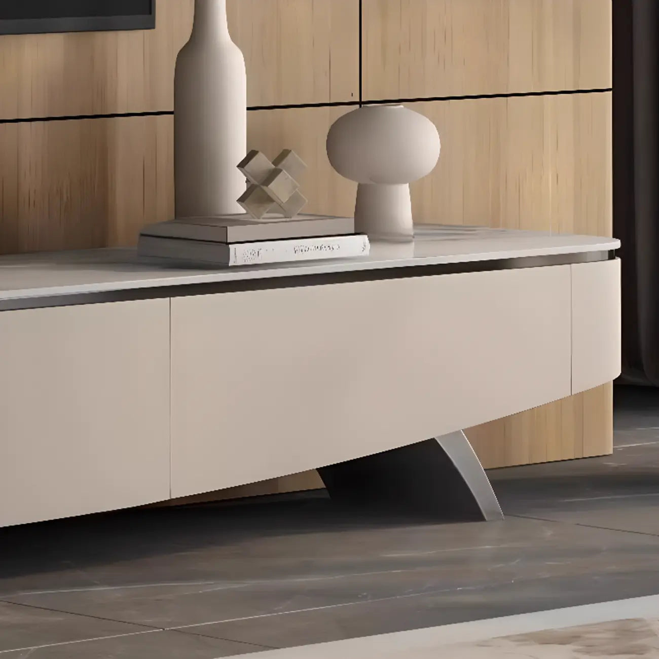 Meuble TV incurvé en pierre moderne champagne 87 avec tiroirs