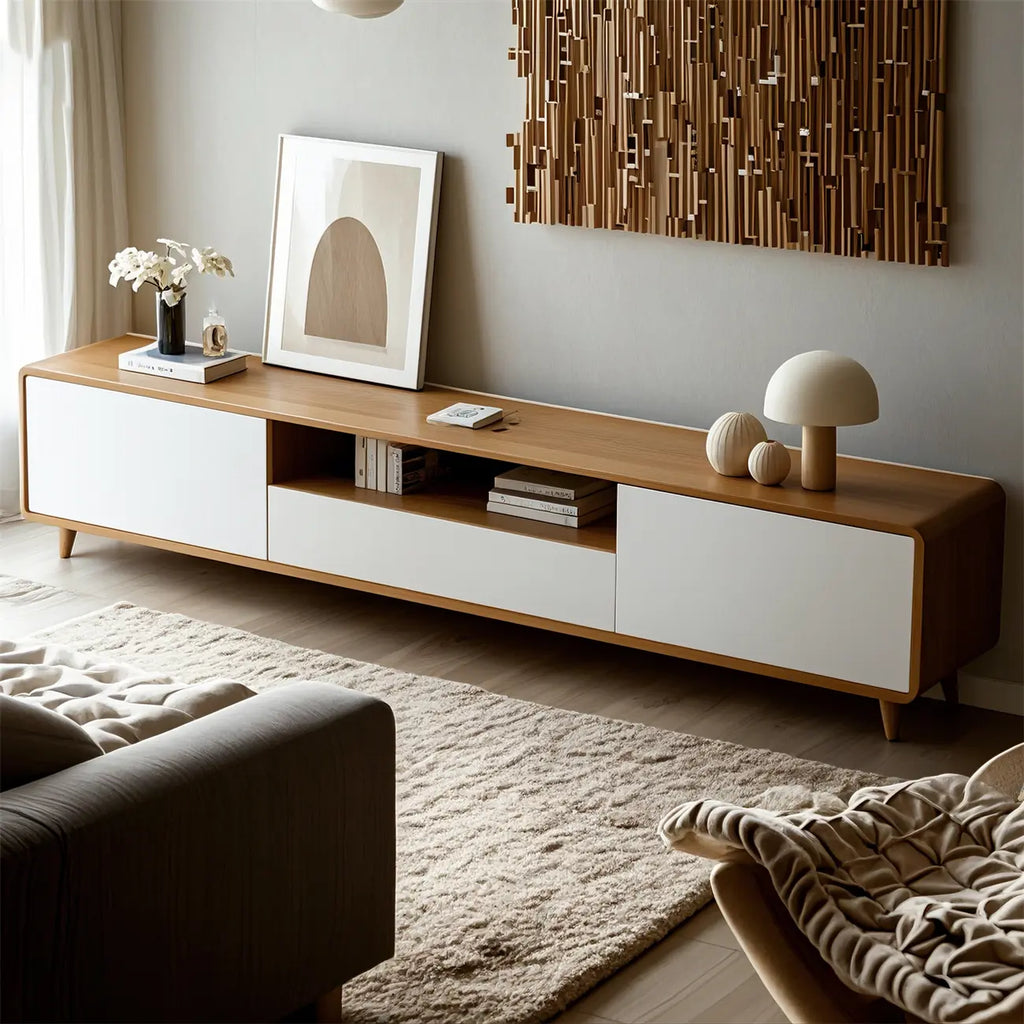 Meuble TV ouvert en bois blanc naturel avec tiroirs (87 pouces)