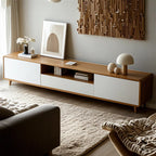 Meuble TV ouvert en bois blanc naturel avec tiroirs (87 pouces)