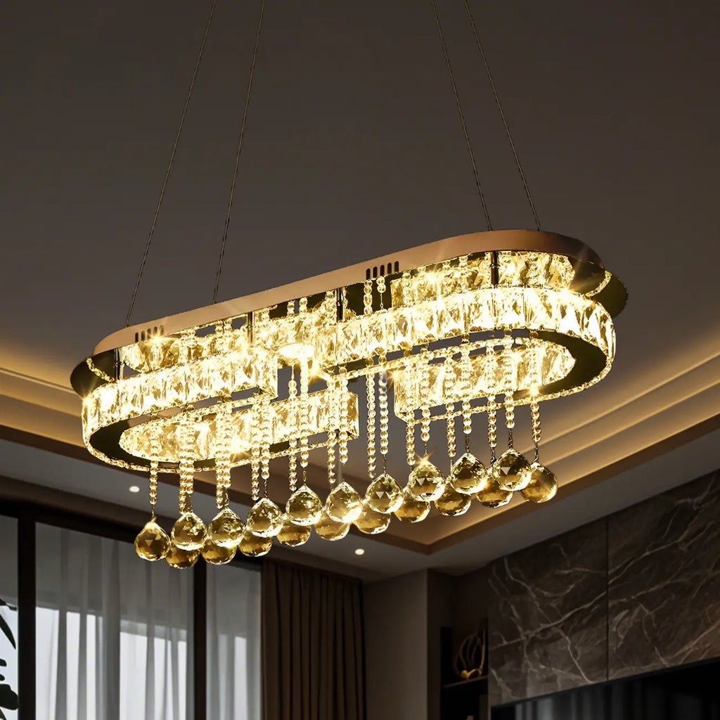 Suspension LED rectangulaire en cristal de luxe pour îlot de cuisine