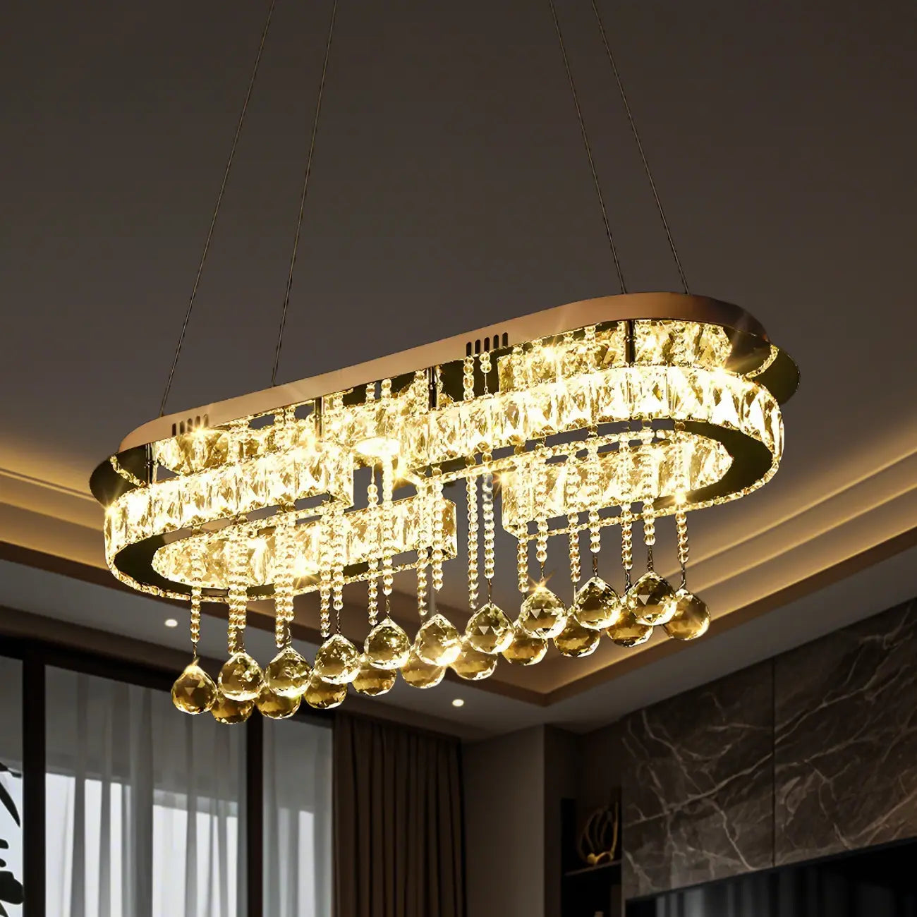 Suspension LED rectangulaire en cristal de luxe pour îlot de cuisine