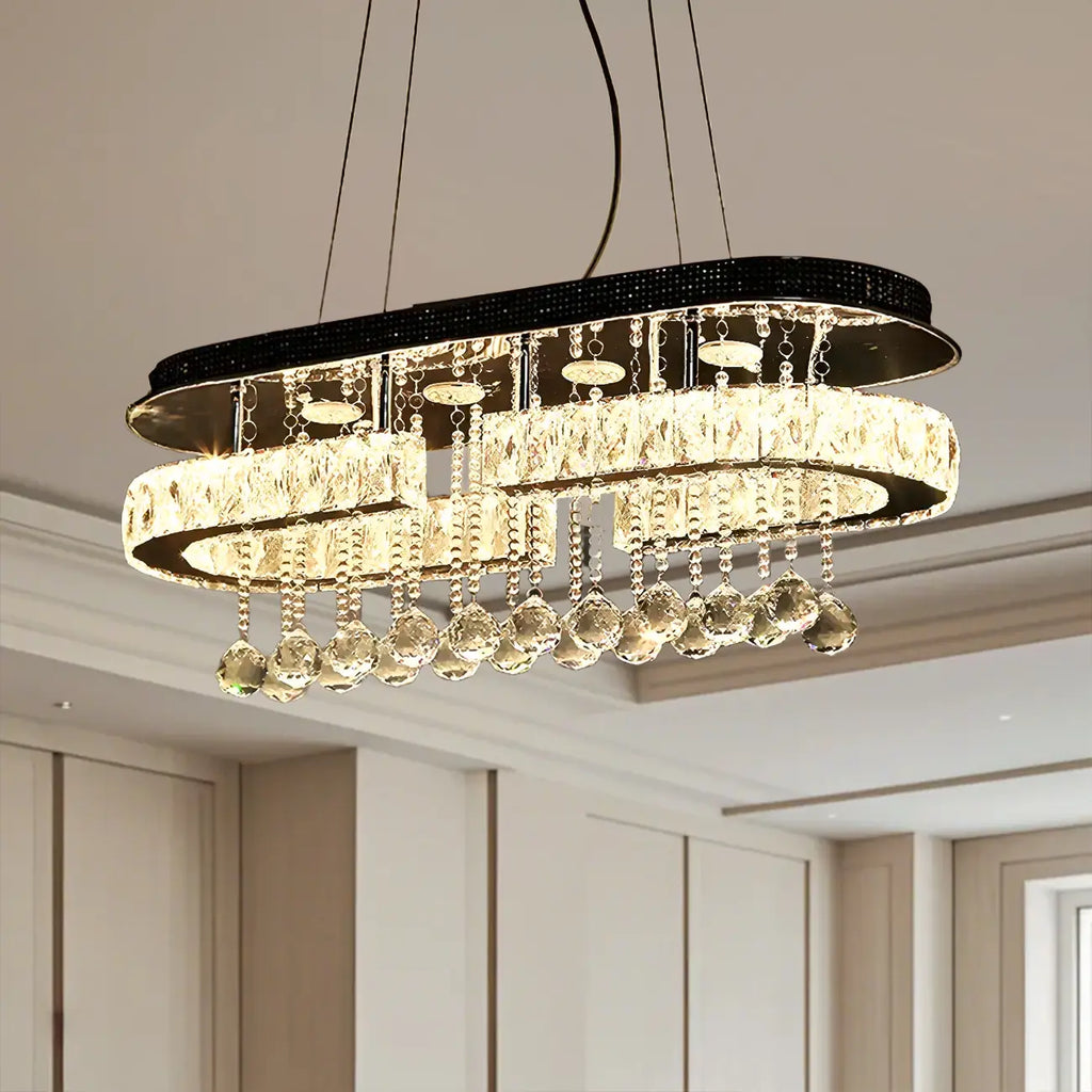 Suspension LED rectangulaire en cristal de luxe pour îlot de cuisine