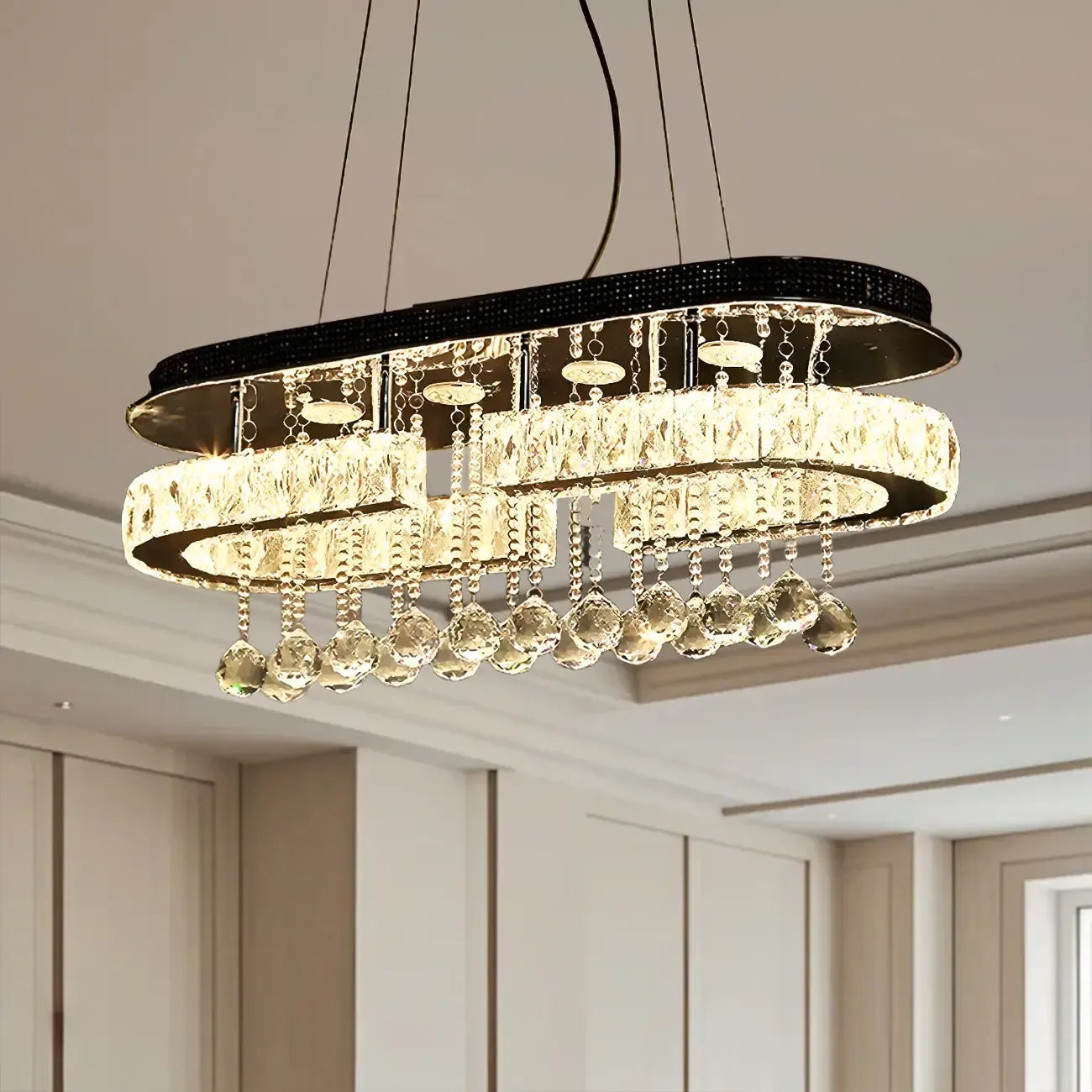 Suspension LED rectangulaire en cristal de luxe pour îlot de cuisine