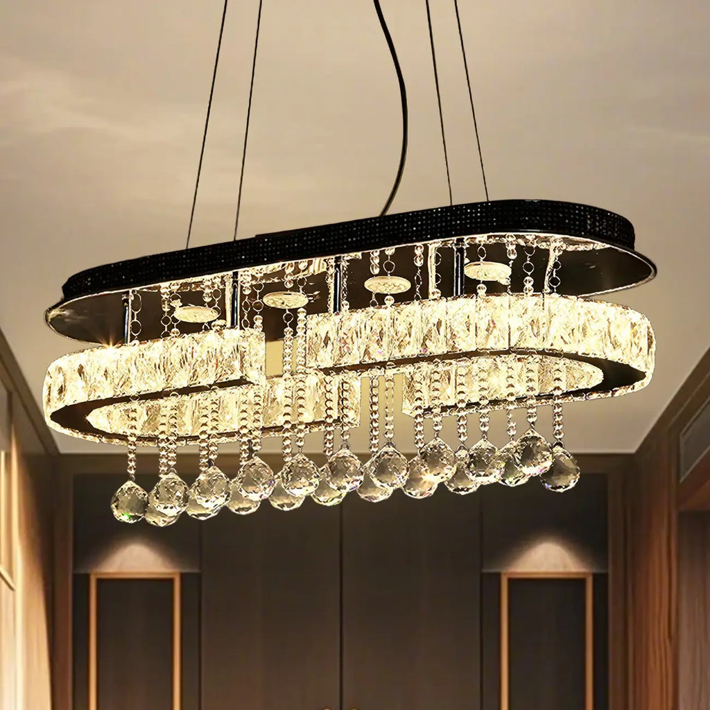 Suspension LED rectangulaire en cristal de luxe pour îlot de cuisine