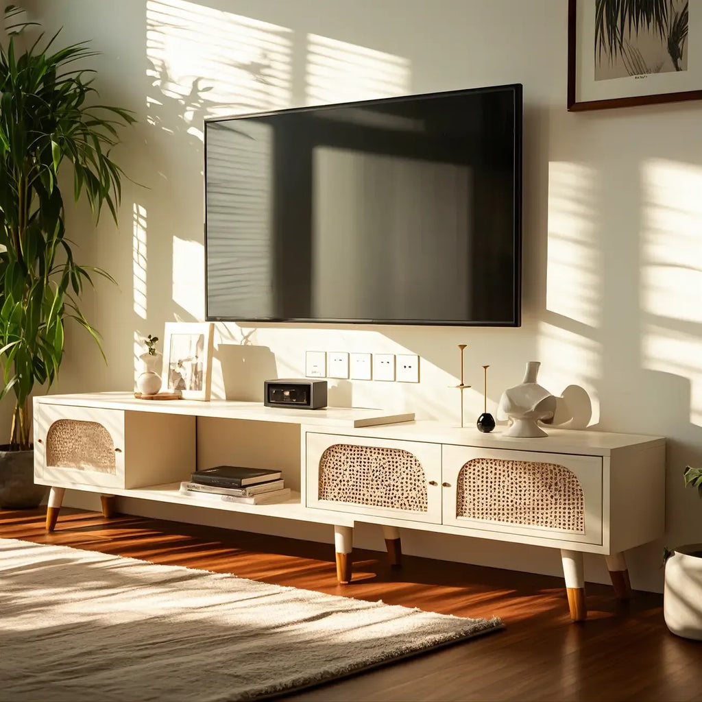 Meuble TV rétro en bois avec placards et étagères de rangement