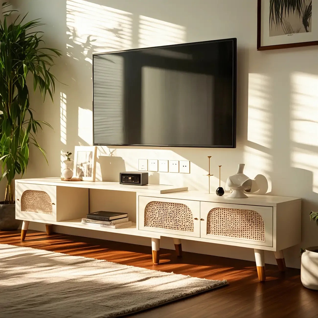 Meuble TV rétro en bois avec placards et étagères de rangement