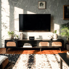 Meuble TV rétro en bois avec placards et étagères de rangement