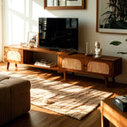 Meuble TV rétro en bois avec placards et étagères de rangement