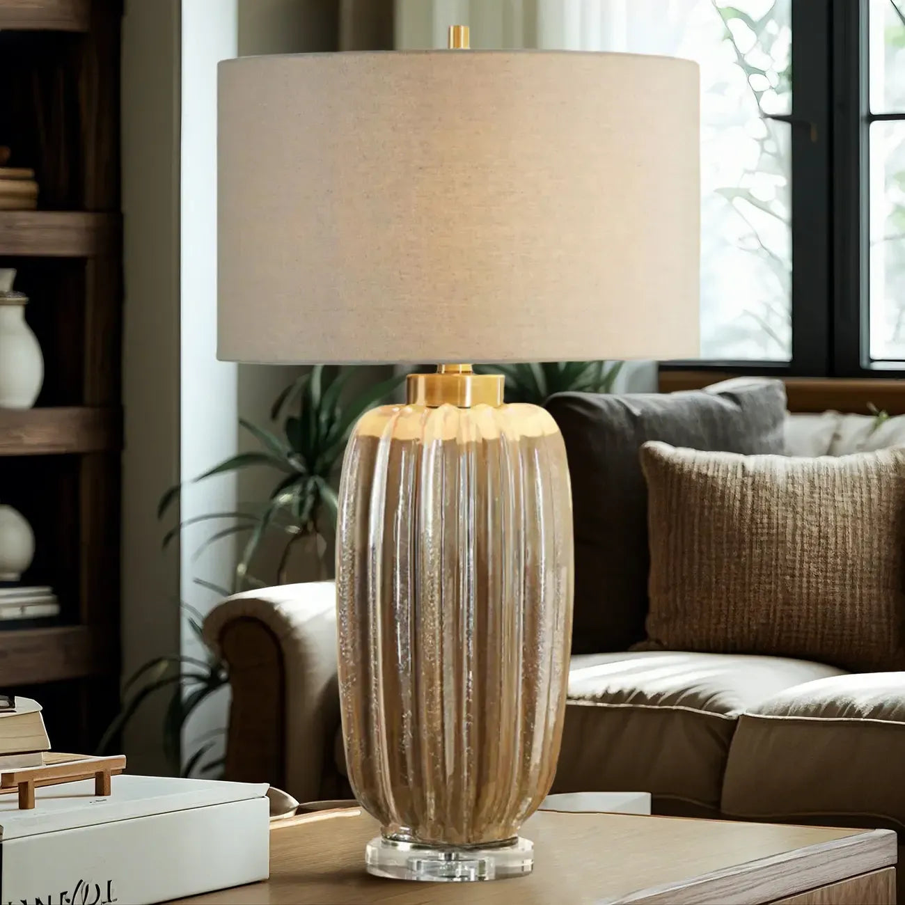 Lampe de table géométrique en céramique brune pour salon