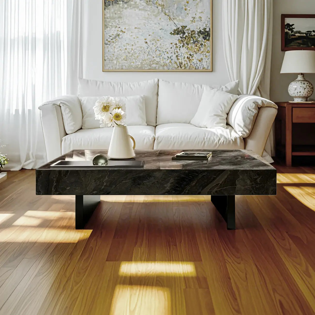 Table basse carrée moderne en pierre avec double piétement