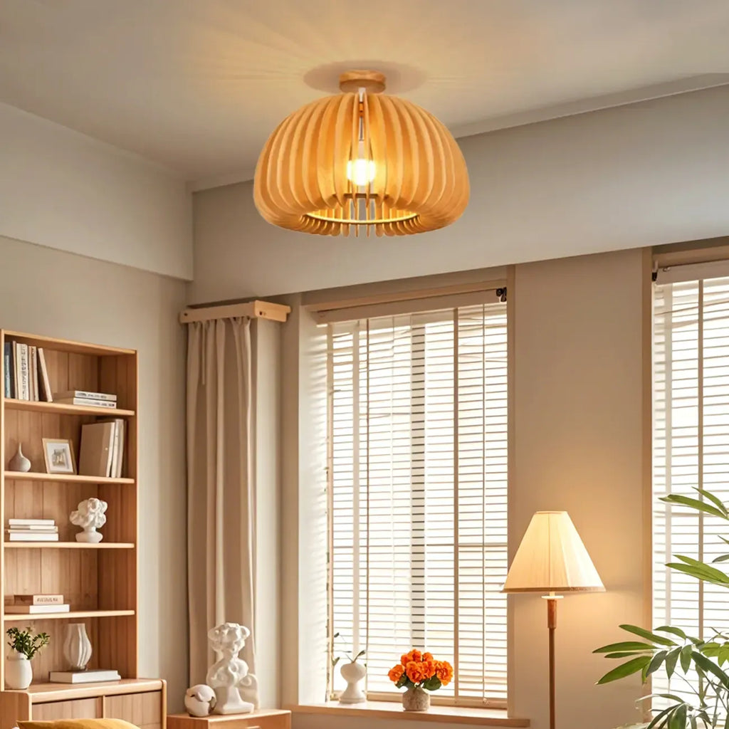 Plafonnier semi-encastré rustique en bois d'hévéa naturel avec dôme